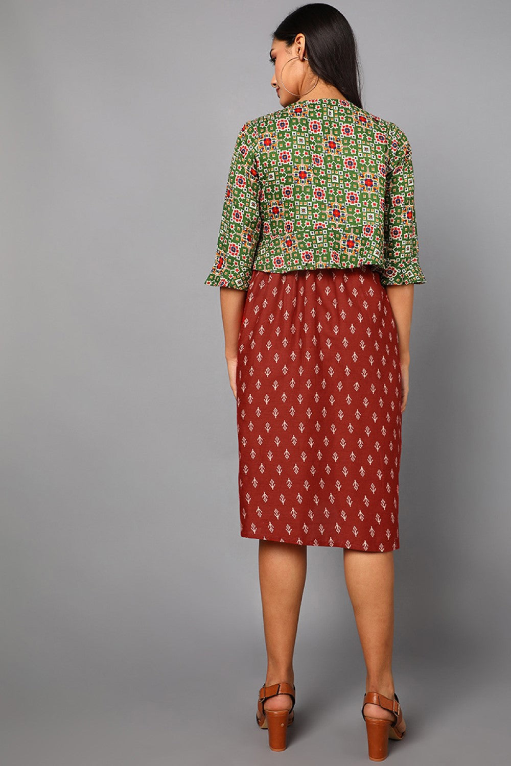 Women's Red Cotton Ethnic Motifs Printed Dress