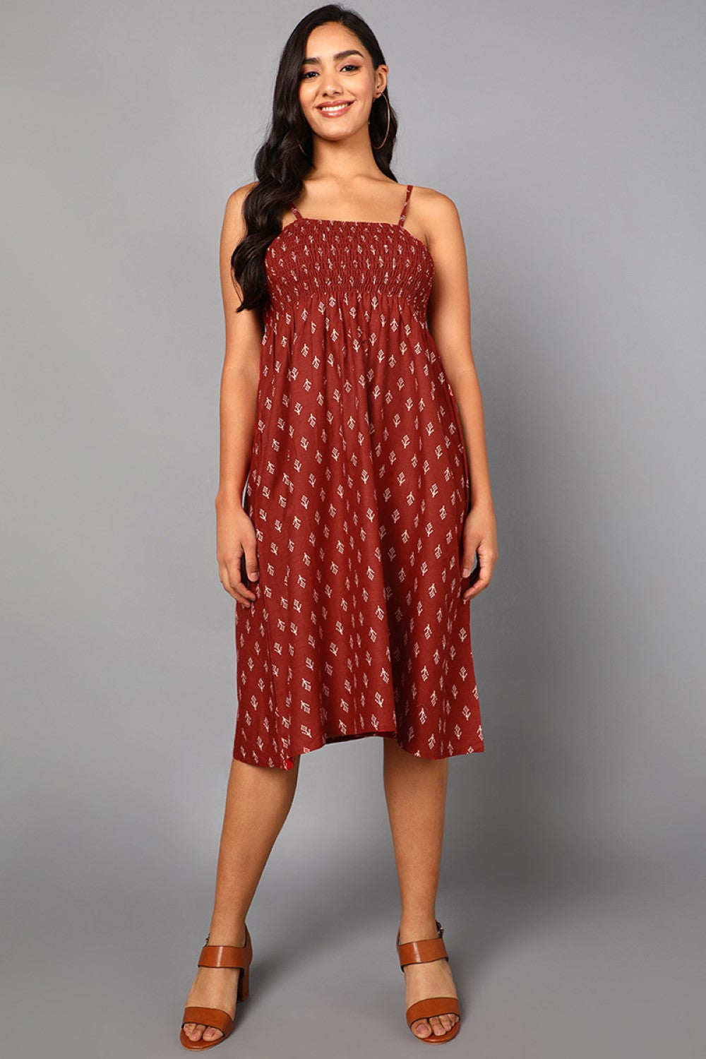 Women's Red Cotton Ethnic Motifs Printed Dress