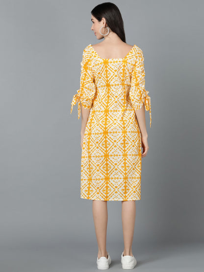 Women's Yellow Cotton Tie And Dye Printed Dress