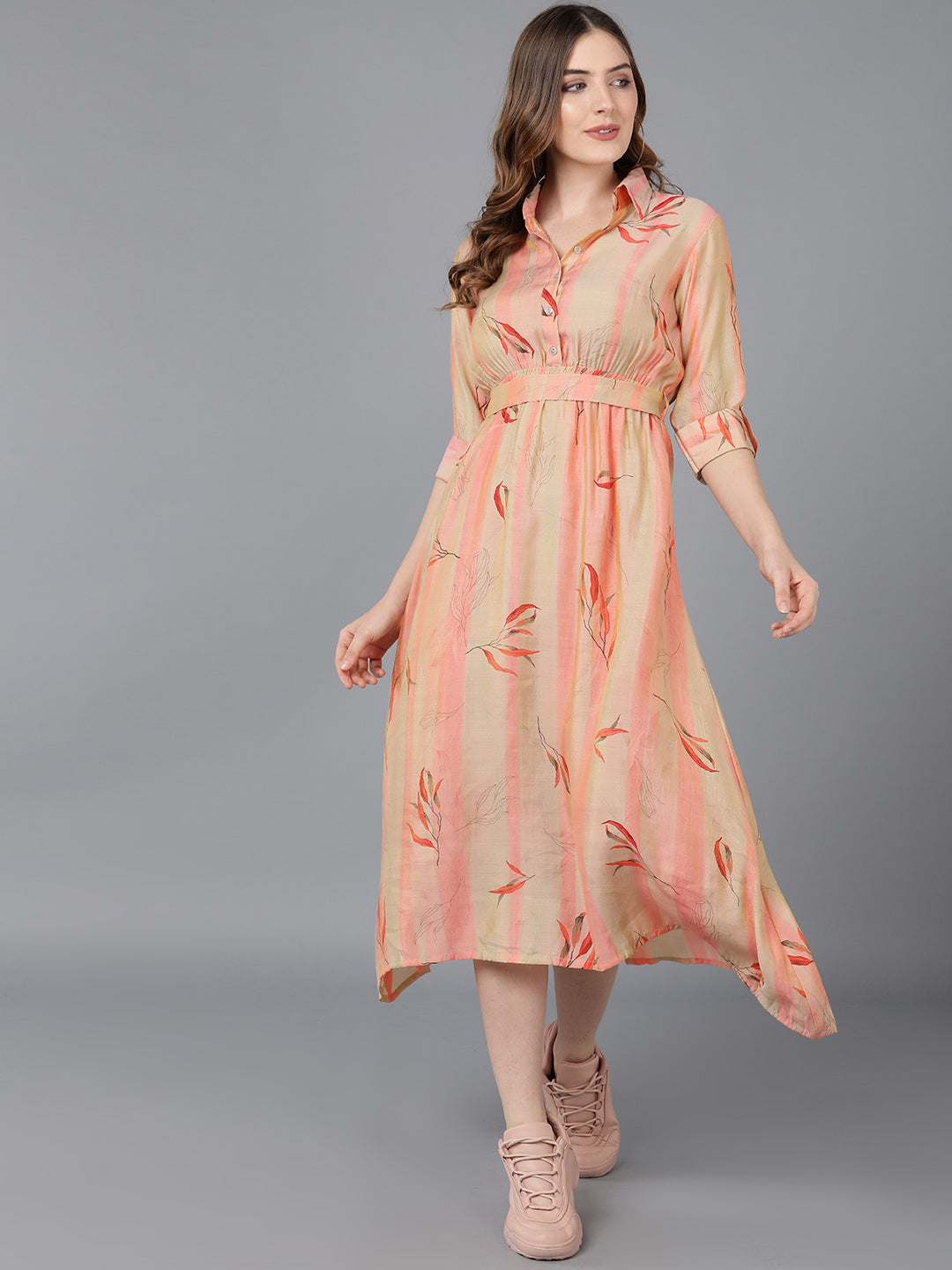 Women's Peach Crepe Striped Printed Dress
