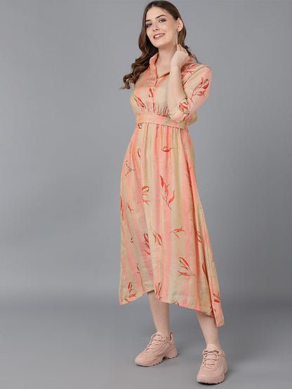 Women's Peach Crepe Striped Printed Dress