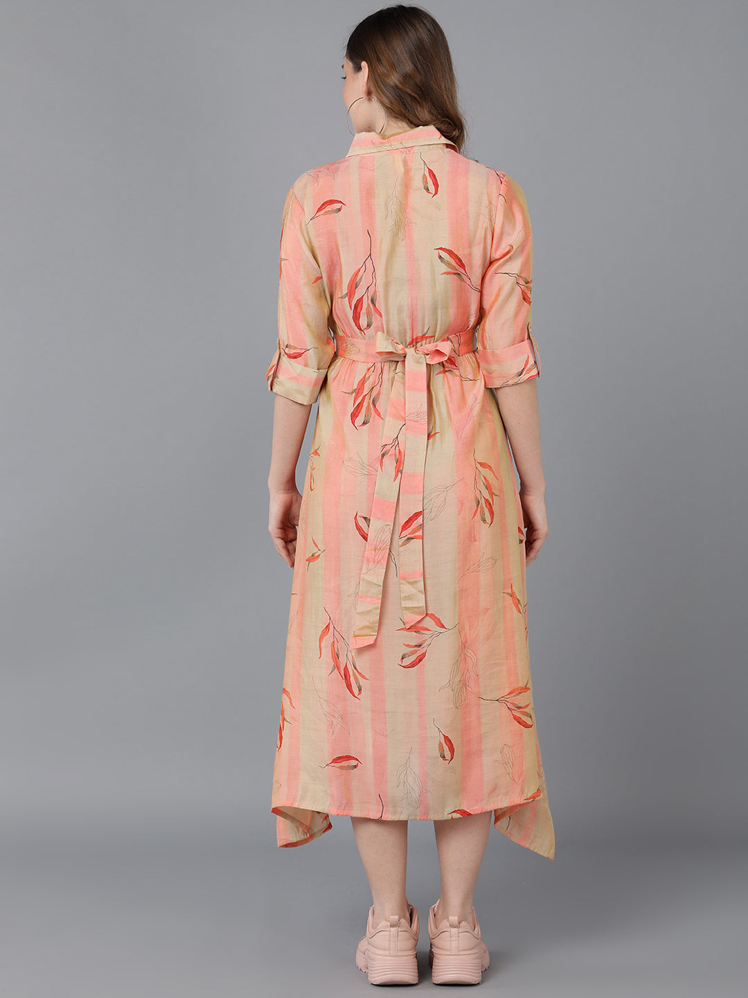 Women's Peach Crepe Striped Printed Dress