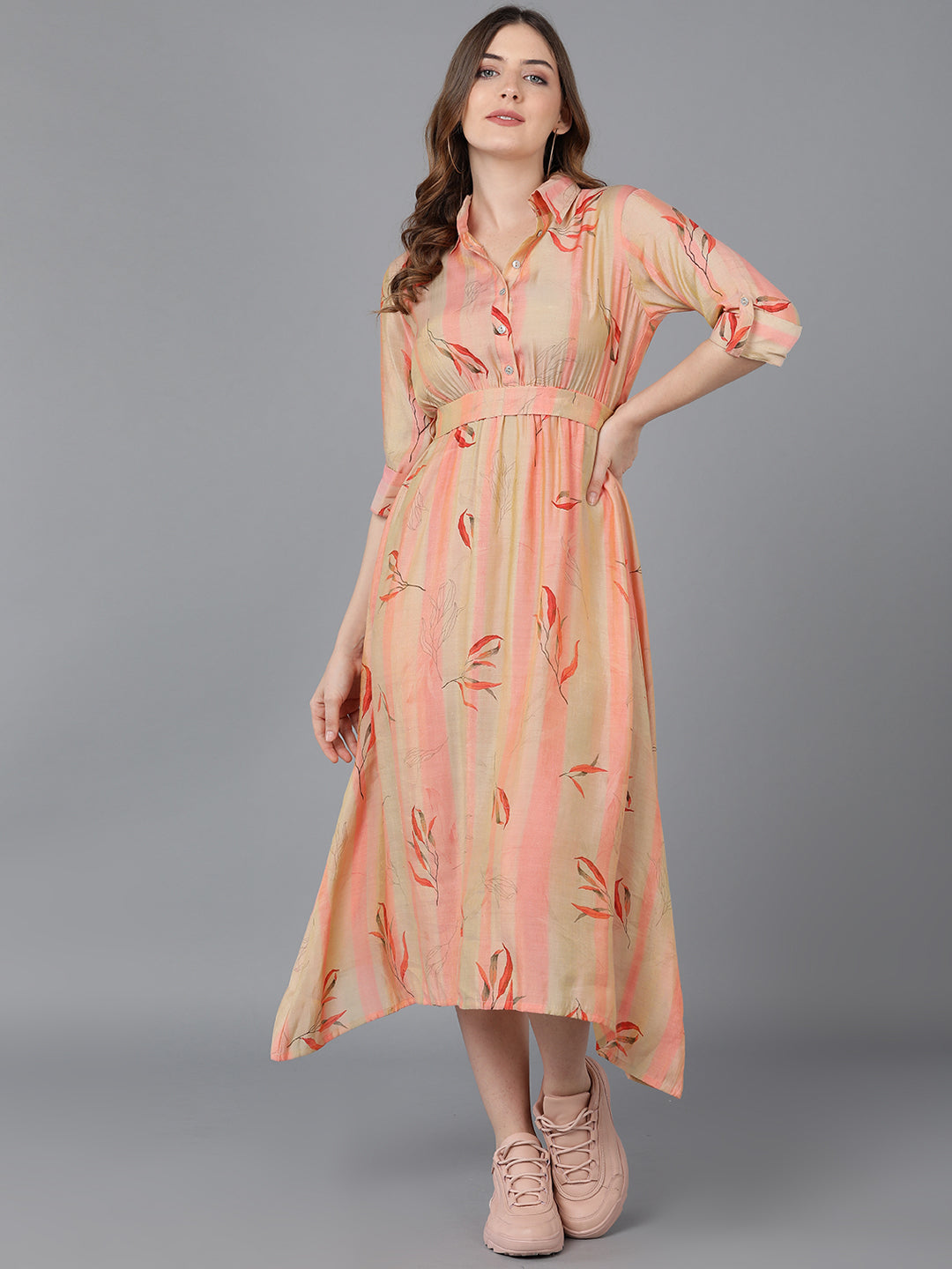 Women's Peach Crepe Striped Printed Dress