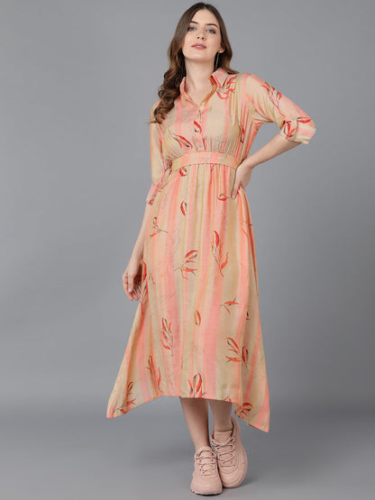 Women's Peach Crepe Striped Printed Dress