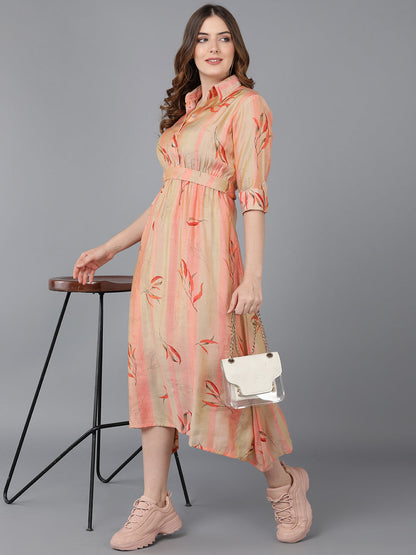 Women's Peach Crepe Striped Printed Dress