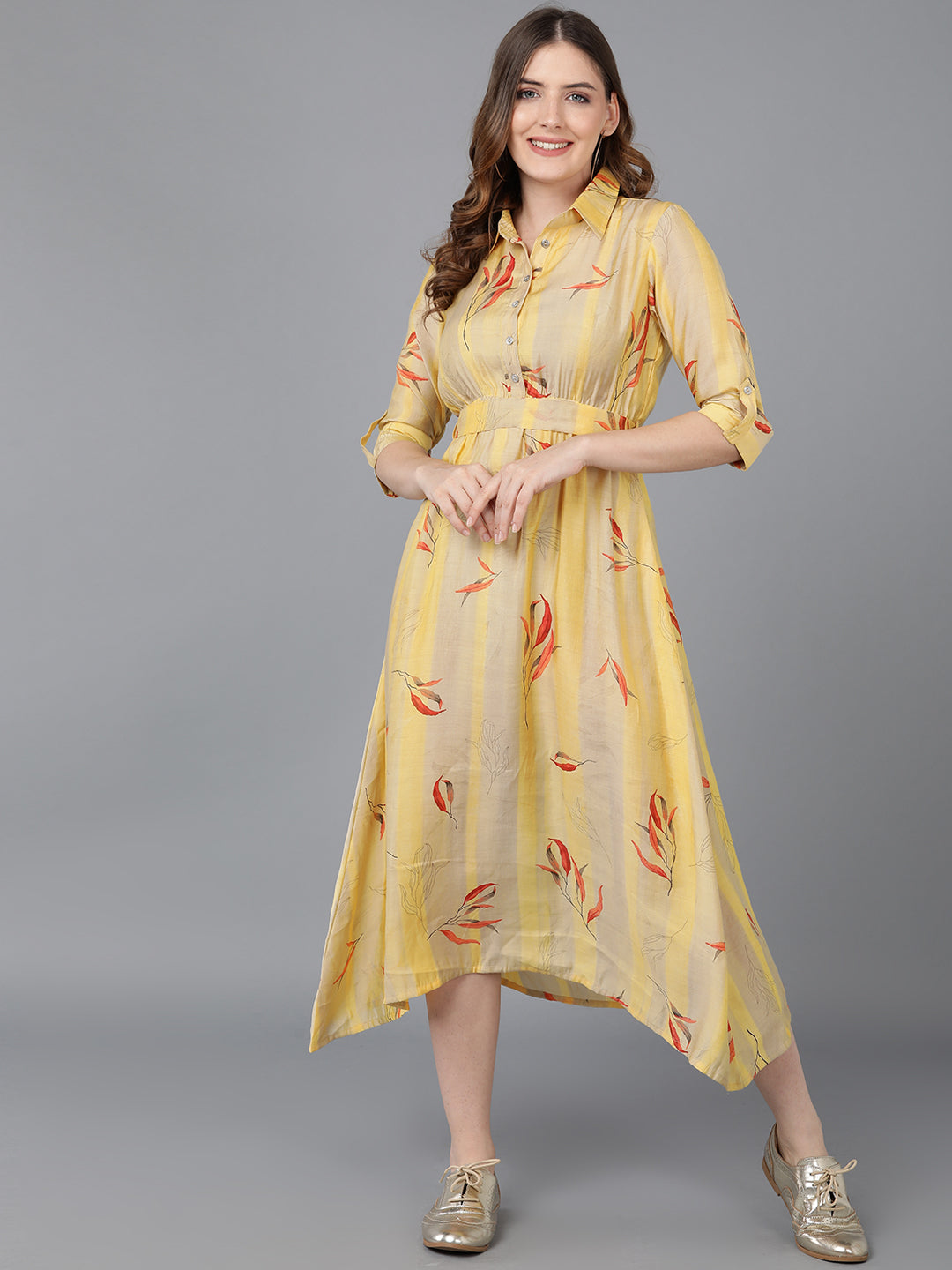 Women's Yellow Crepe Striped Printed Dress