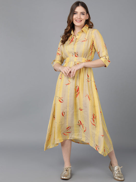 Women's Yellow Crepe Striped Printed Dress