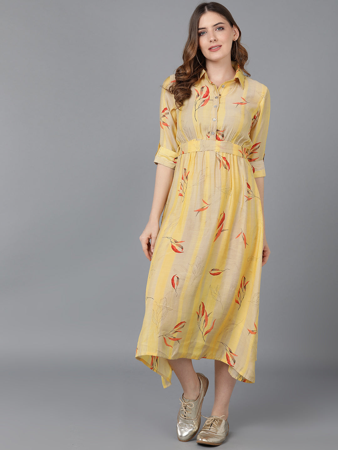 Women's Yellow Crepe Striped Printed Dress