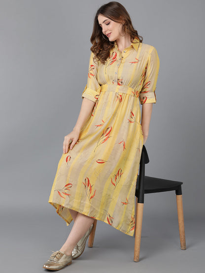 Women's Yellow Crepe Striped Printed Dress