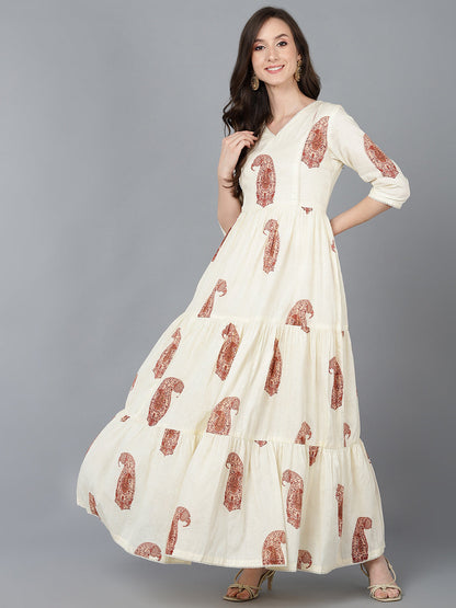Women's Cream Cotton Ethnic Motifs Printed Dress