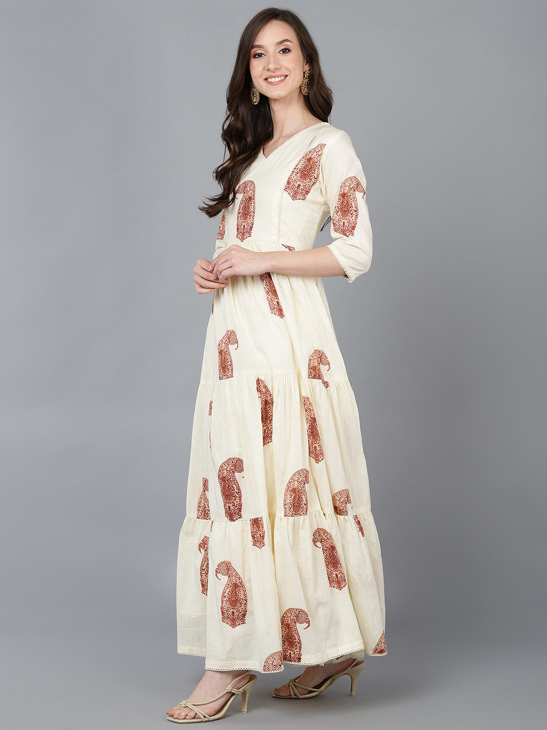 Women's Cream Cotton Ethnic Motifs Printed Dress