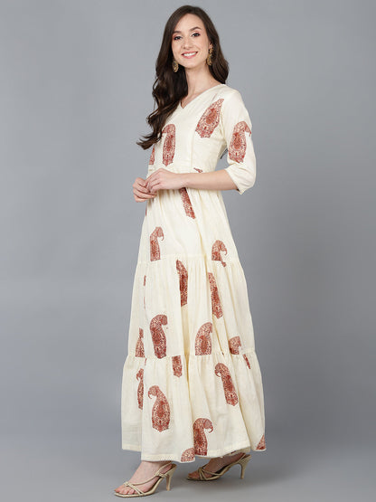 Women's Cream Cotton Ethnic Motifs Printed Dress