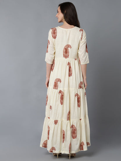 Women's Cream Cotton Ethnic Motifs Printed Dress