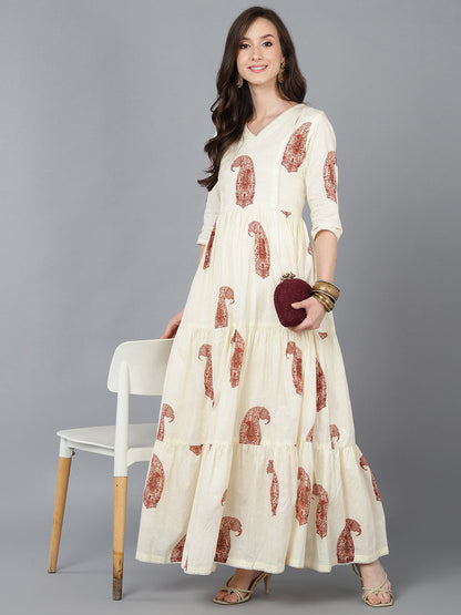 Women's Cream Cotton Ethnic Motifs Printed Dress