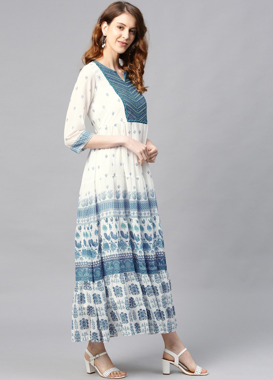 Women's Blue Georgette Embroidered Tiered Dress1
