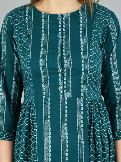 Women's Green Cotton Printed 3/4 Sleeve Round Neck Casual Dress