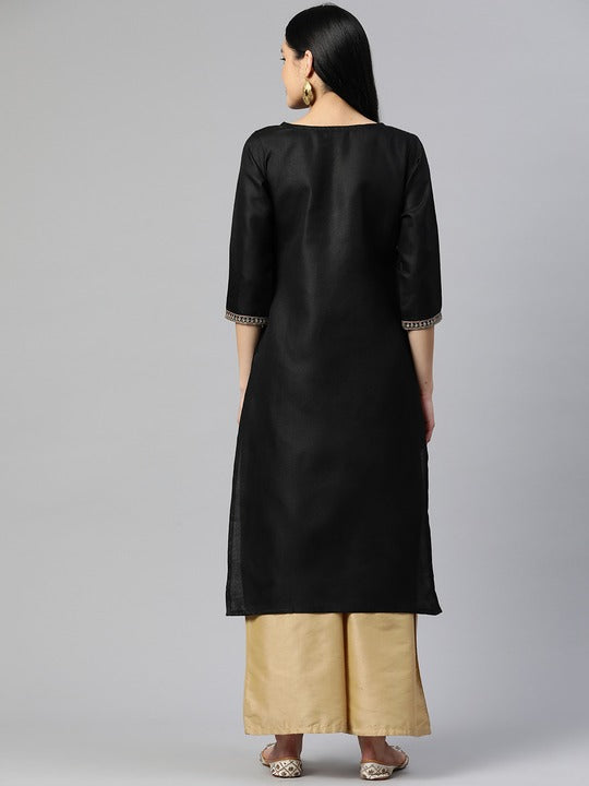 Women's Embroidered Straight Cotton Blend Black Stitched Kurta
