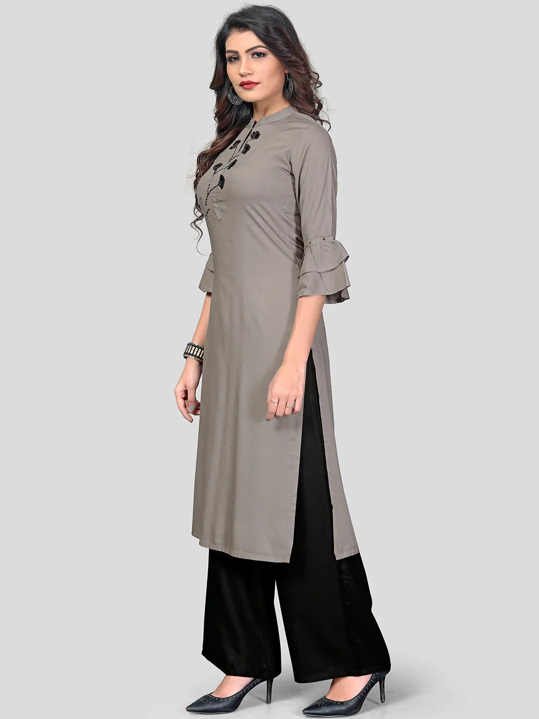 Women's Grey Rayon Kurta With Palazzo By Vbuyz- (