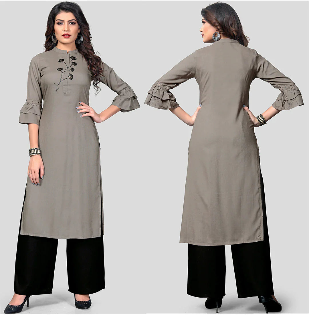 Women's Grey Rayon Kurta With Palazzo By Vbuyz- (
