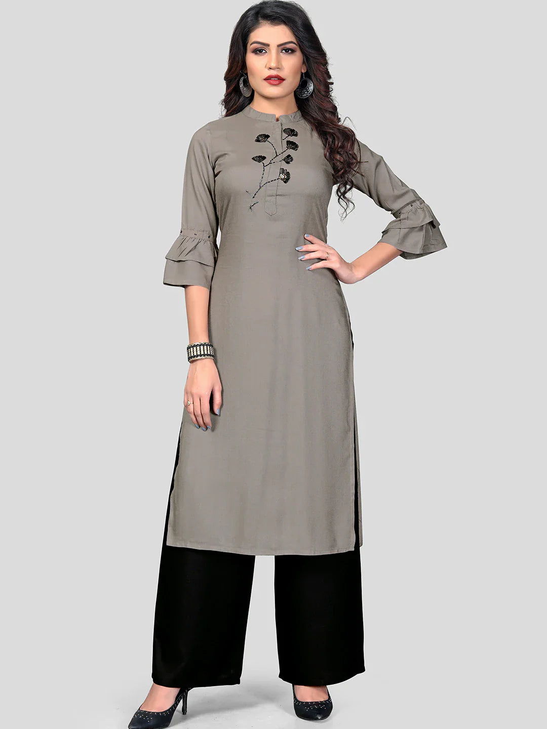 Women's Grey Rayon Kurta With Palazzo By Vbuyz- (
