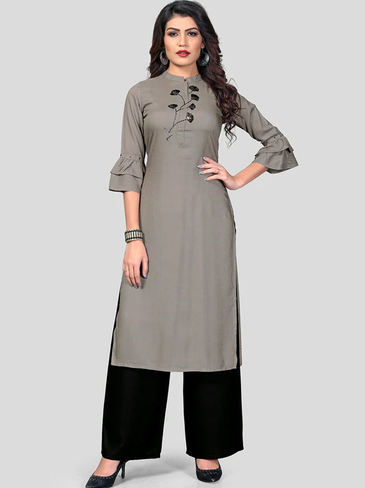 Women's Grey Rayon Kurta With Palazzo By Vbuyz- (
