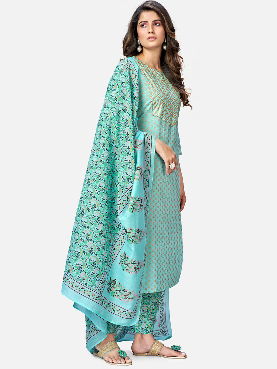 Women's Turquoise Kurta & Pant With Dupatta Set By Vbuyz- (3