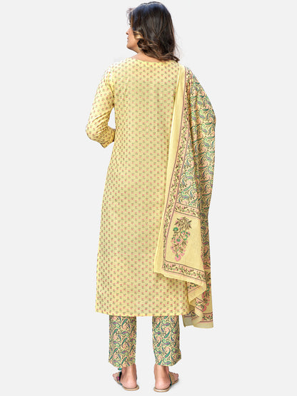 Women's Foil Print & Gota Patti Work Straight Cotton Yellow Kurta Pant With Dupatta