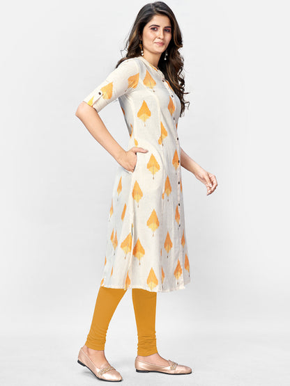 Women's Beige Printed A-Line Cotton Kurta By Vbuyz- (