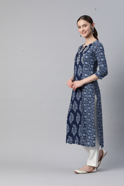 Women's Print & Hand Work Straight Cotton Blue Stitched Kurta