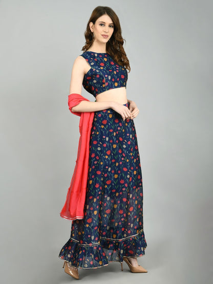 Navy Blue Chanderi Printed Sleeveless Round Neck Casual Blouse Lehenga Dupatta Set