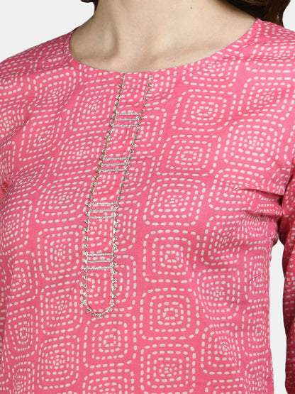 Women's Pink Cotton Printed 3/4 Sleeve Round Neck Casual Kurta Palazzo Set