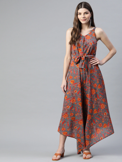 Women's Grey Cotton Printed Jumpsuit