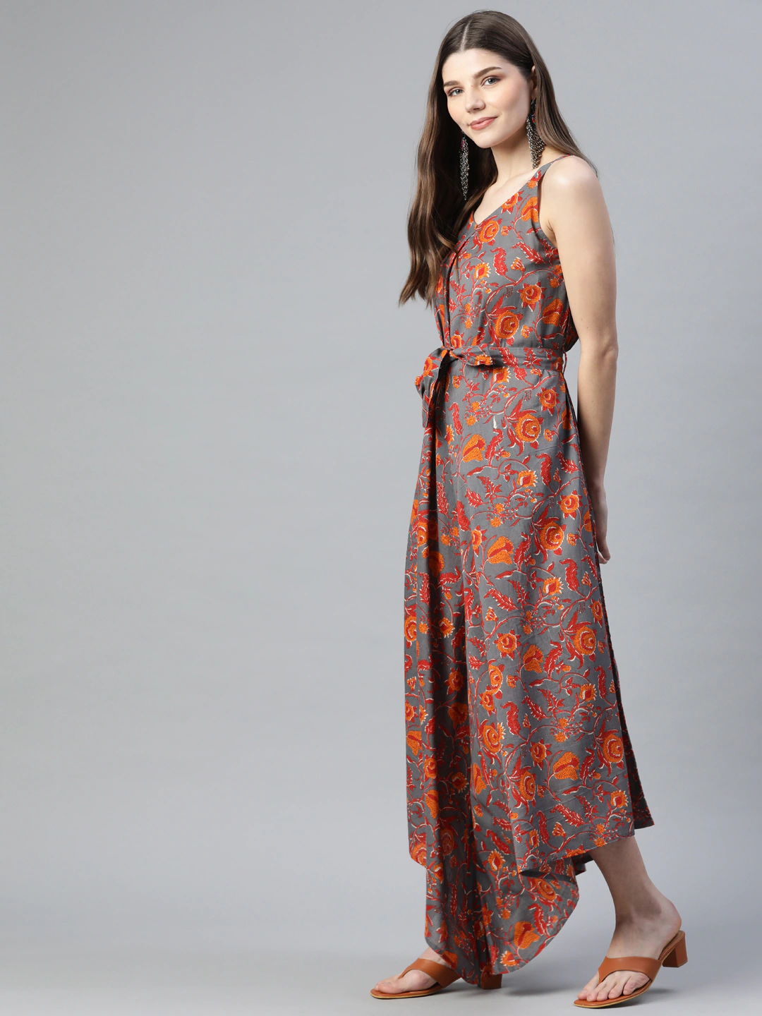 Women's Grey Cotton Printed Jumpsuit