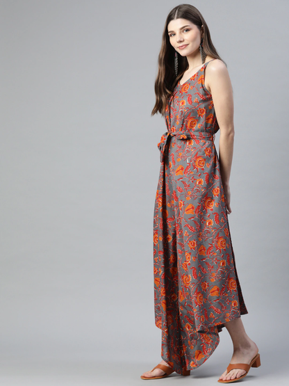 Women's Grey Cotton Printed Jumpsuit