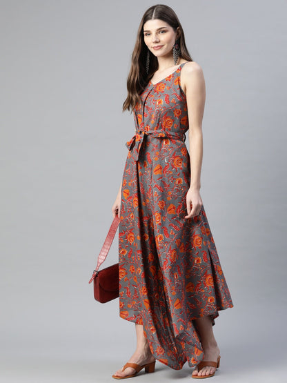 Women's Grey Cotton Printed Jumpsuit
