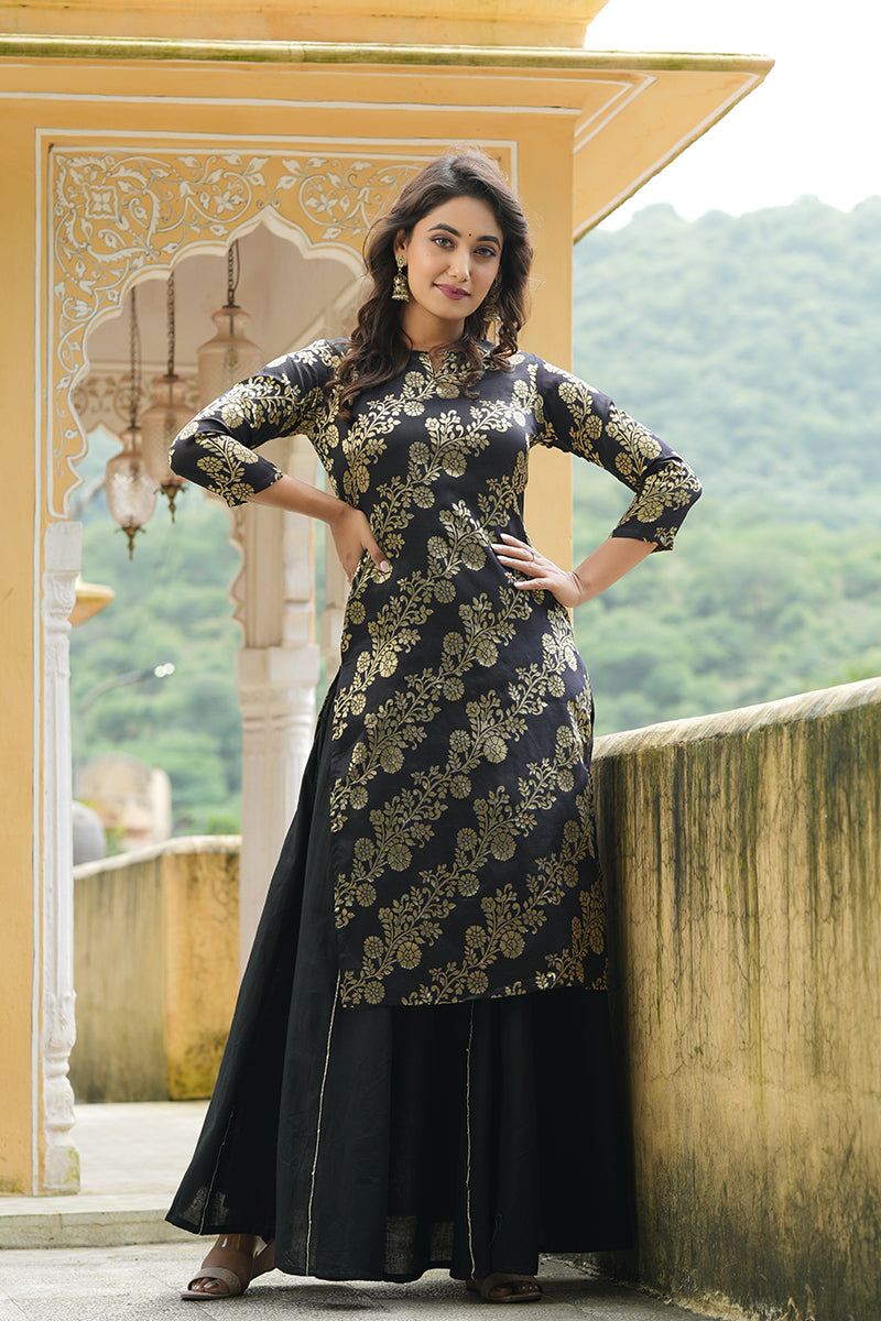 Women's Black Gold-Toned Ethnic Motifs Woven Design Cotton Kurta With Skirt