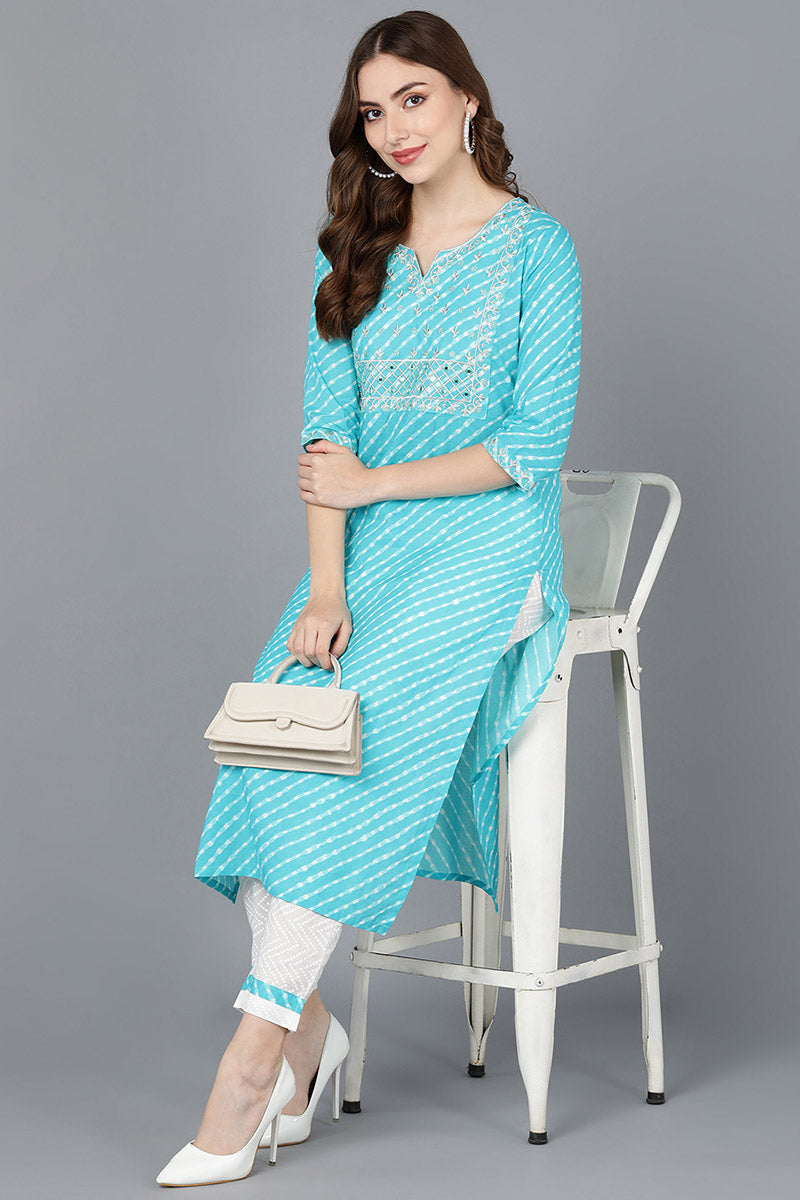 Women's Cotton Leheriya Kurta With Pants