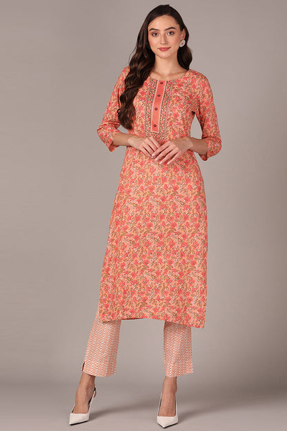 Women's Peach Cotton Blend Straight Kurta With Pant