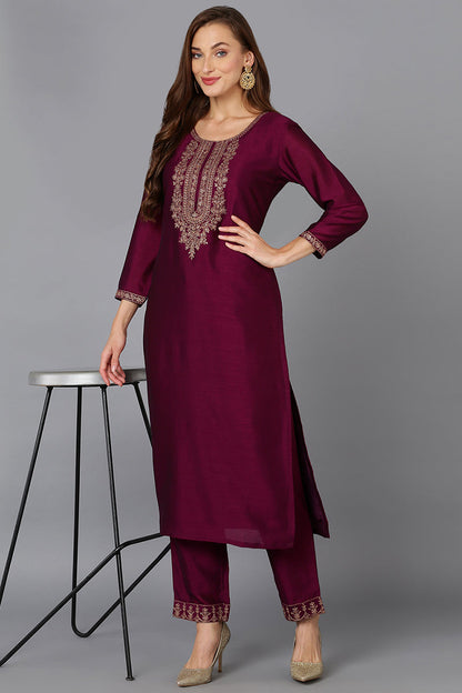 Women's Silk Blend Wine Embroidered Kurta With Pant