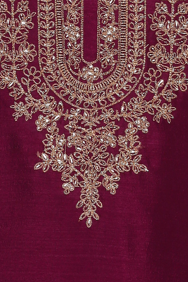 Women's Silk Blend Wine Embroidered Kurta With Pant