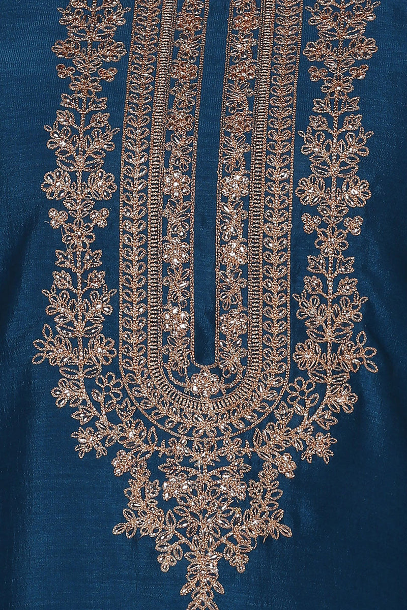 Women's Silk Blend Firozi Embroidered Kurta With Pant