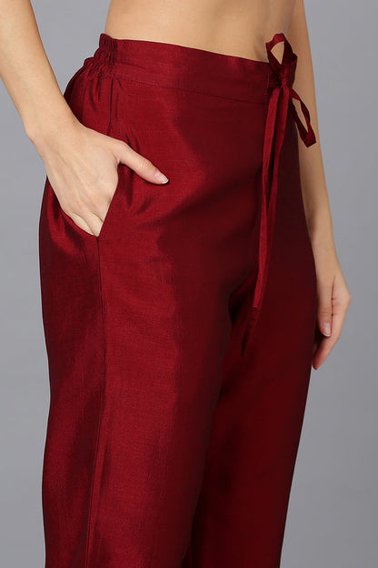Women's Silk Blend Maroon Embroidered Kurta With Pant