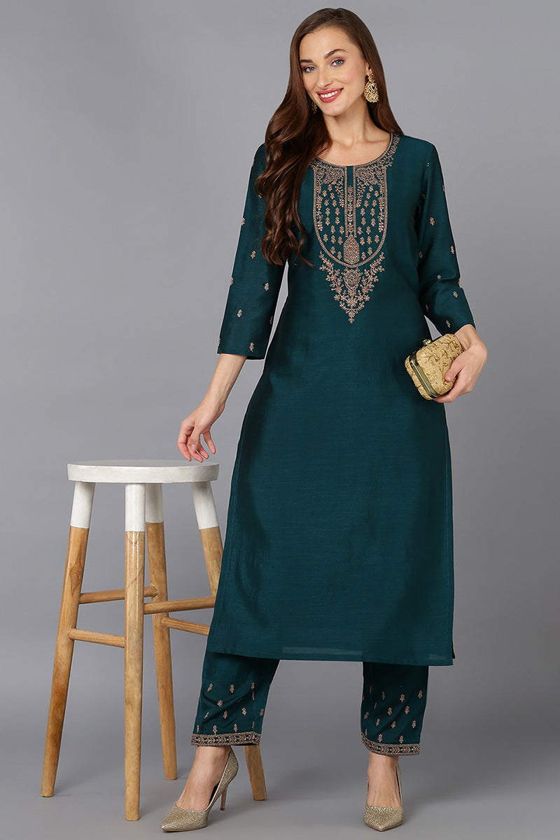 Women's Silk Blend Bottle Green Embroidered Kurta With Pant