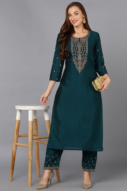 Women's Silk Blend Bottle Green Embroidered Kurta With Pant