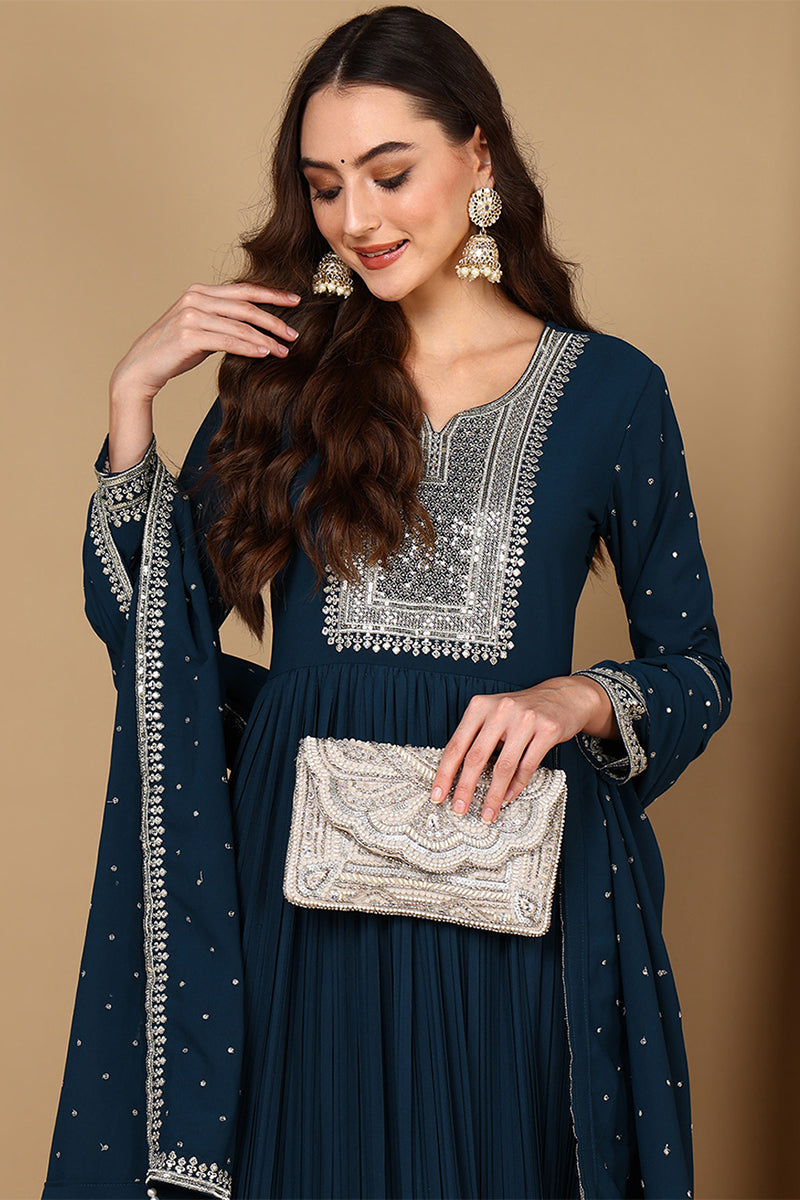 Women's Teal Georgette Solid Yoke Design Anarkali Kurta With Dupatta