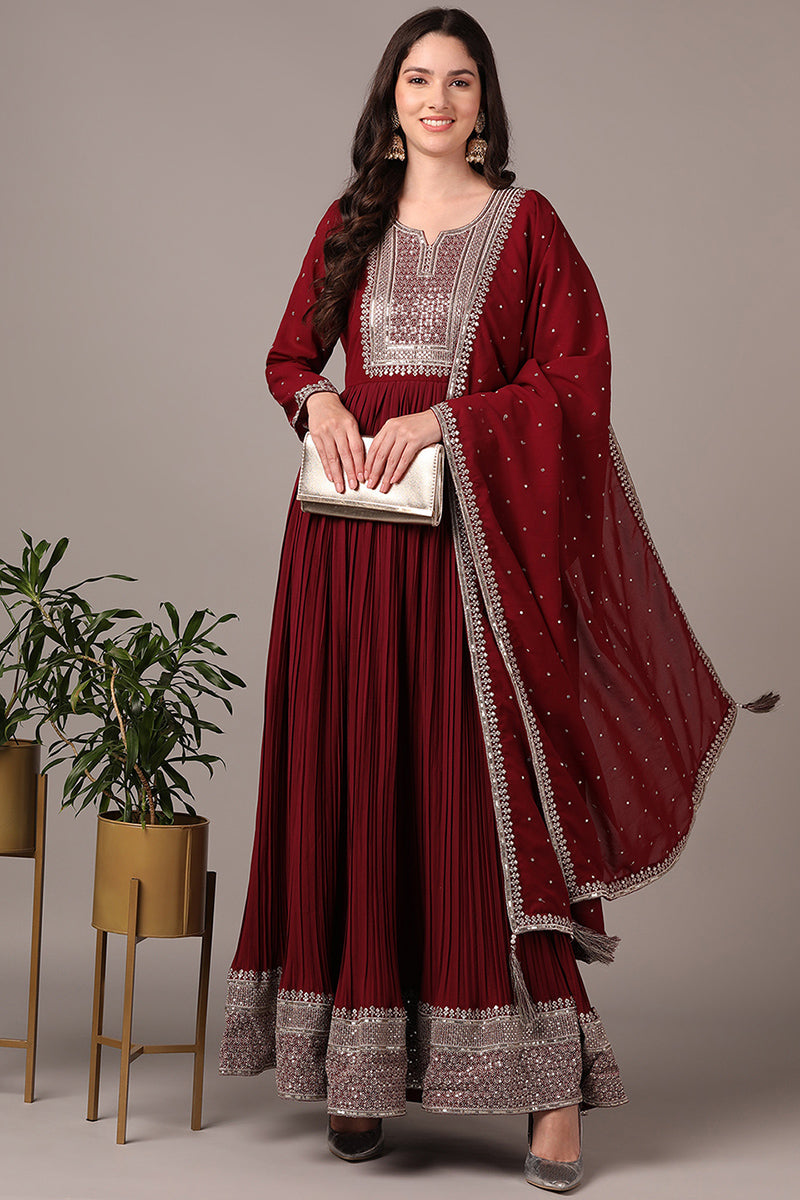 Women's Magenta Georgette Solid Yoke Design Sequinned Anarkali Kurta With Dupatta