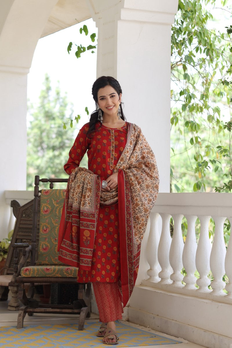 Women's Cotton Printed Kurta Pant Dupatta Set