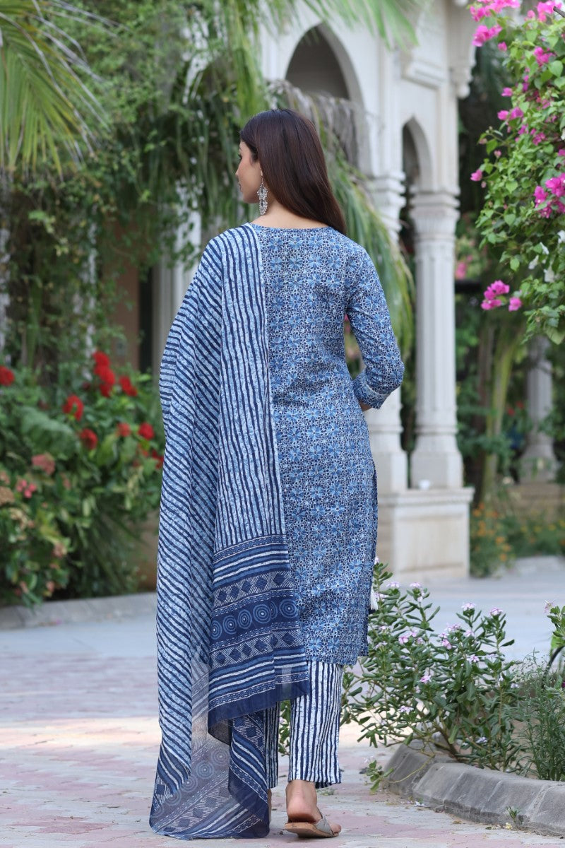 Women's Cotton Printed Kurta Pant Dupatta Set