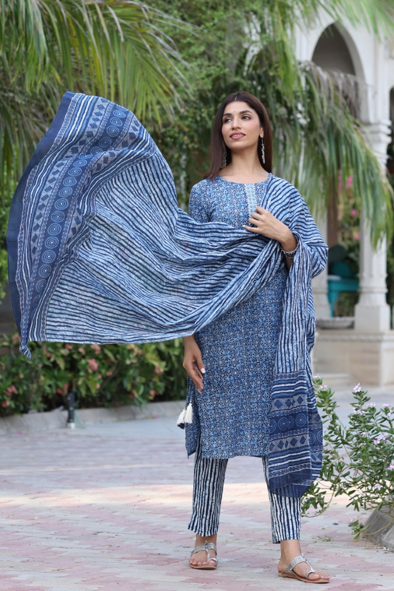 Women's Cotton Printed Kurta Pant Dupatta Set
