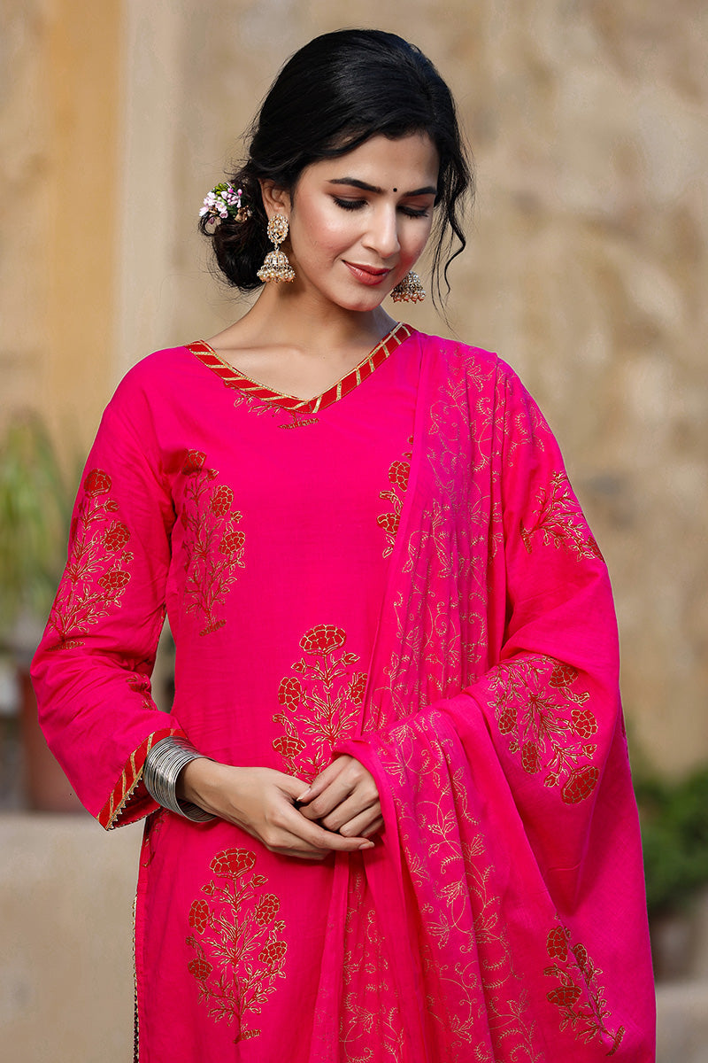 Women's Cotton Printed Kurta Palazzo Dupatta Set